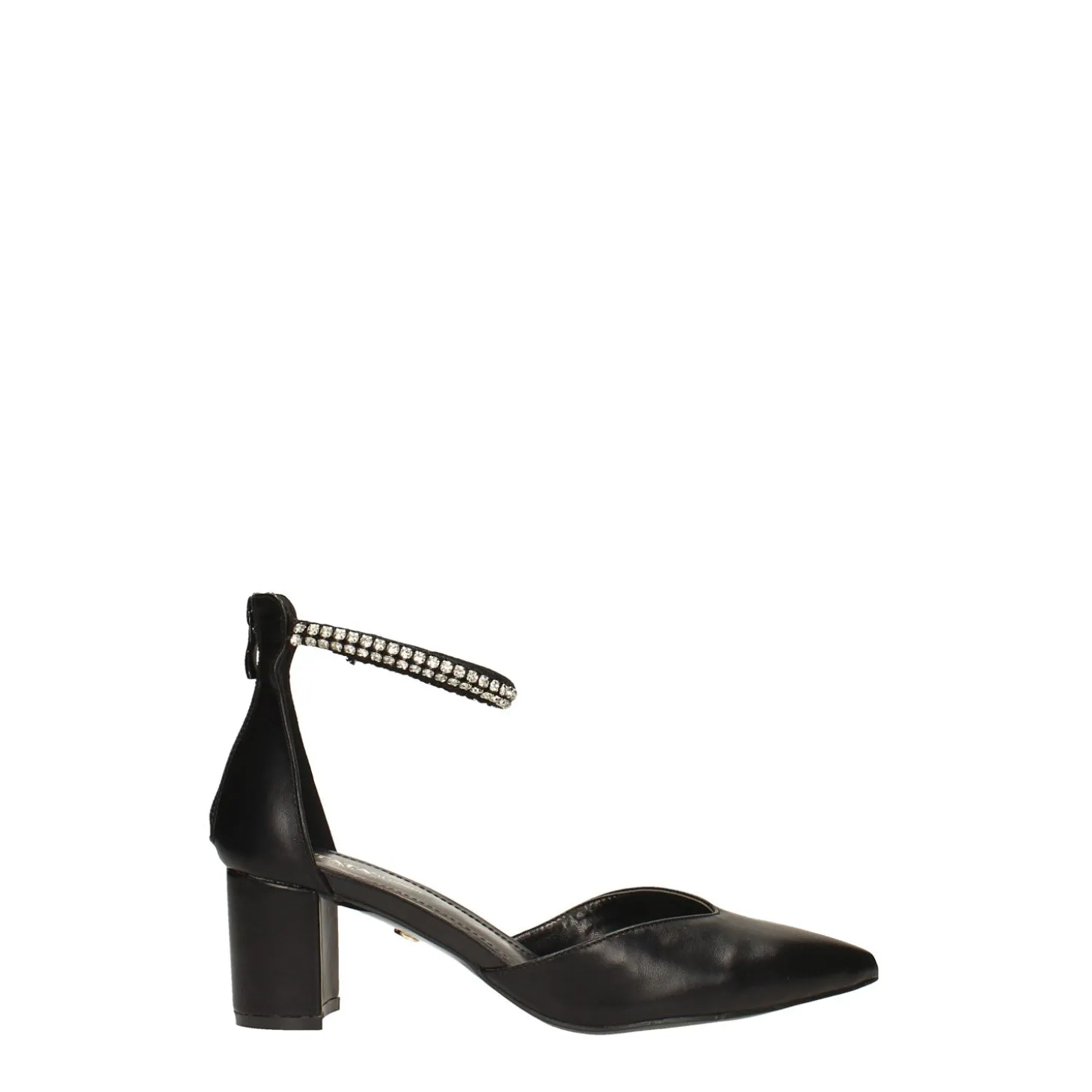 Décolleté a punta con cinturino con strass. Tacco alto 6cm