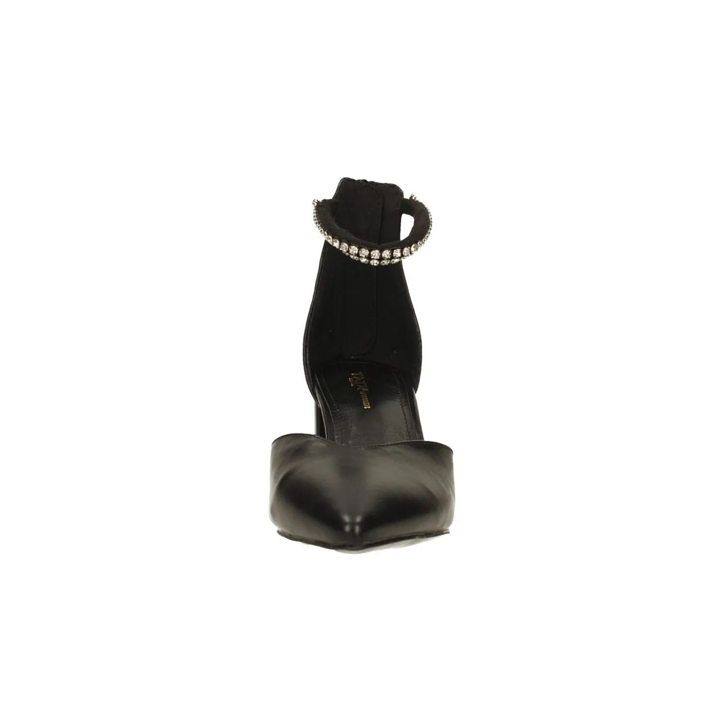 Décolleté a punta con cinturino con strass. Tacco alto 6cm