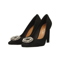 Décolleté in microfibra con pietre sulla punta. Tacco triangolare alto 10.5cm