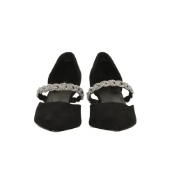 Décolleté scamosciate aperte ai lati con cinturino centrale con strass. Tacco alto 6cm