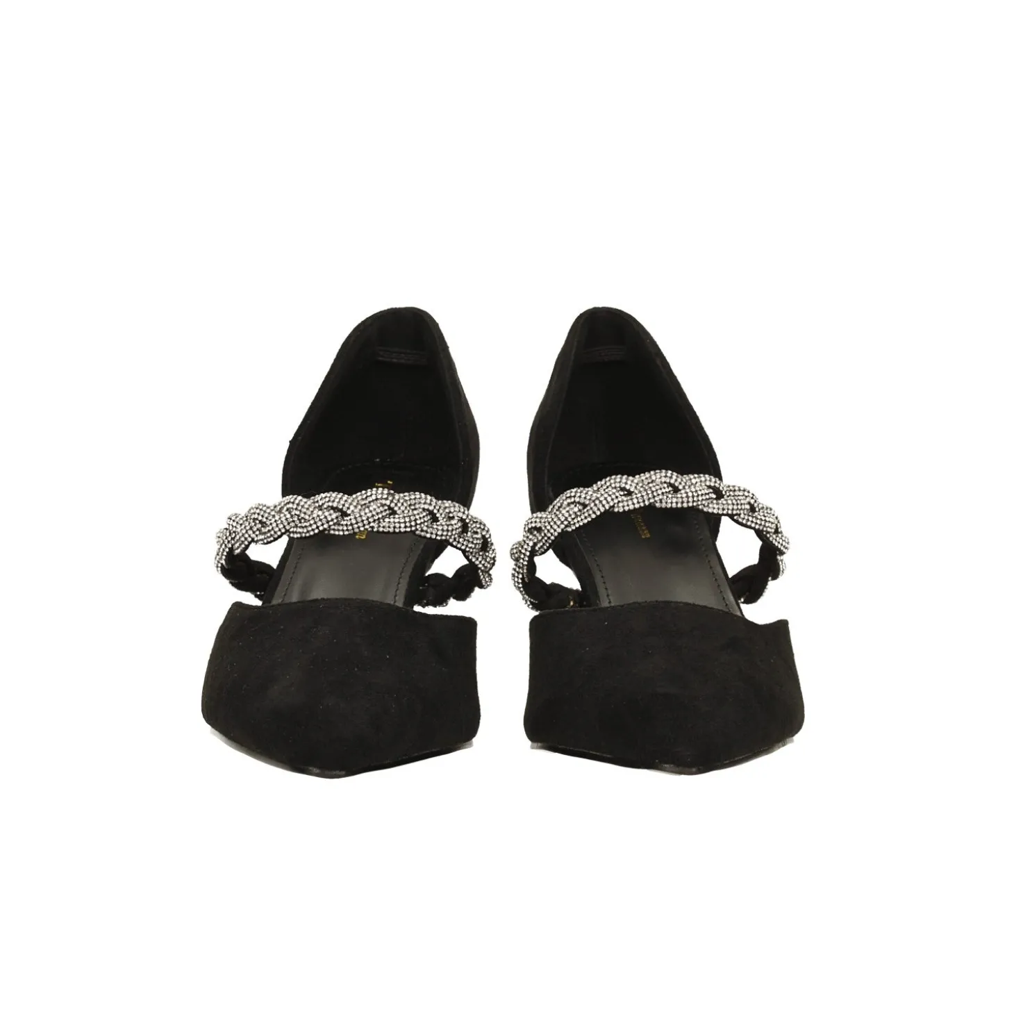 Décolleté scamosciate aperte ai lati con cinturino centrale con strass. Tacco alto 6cm