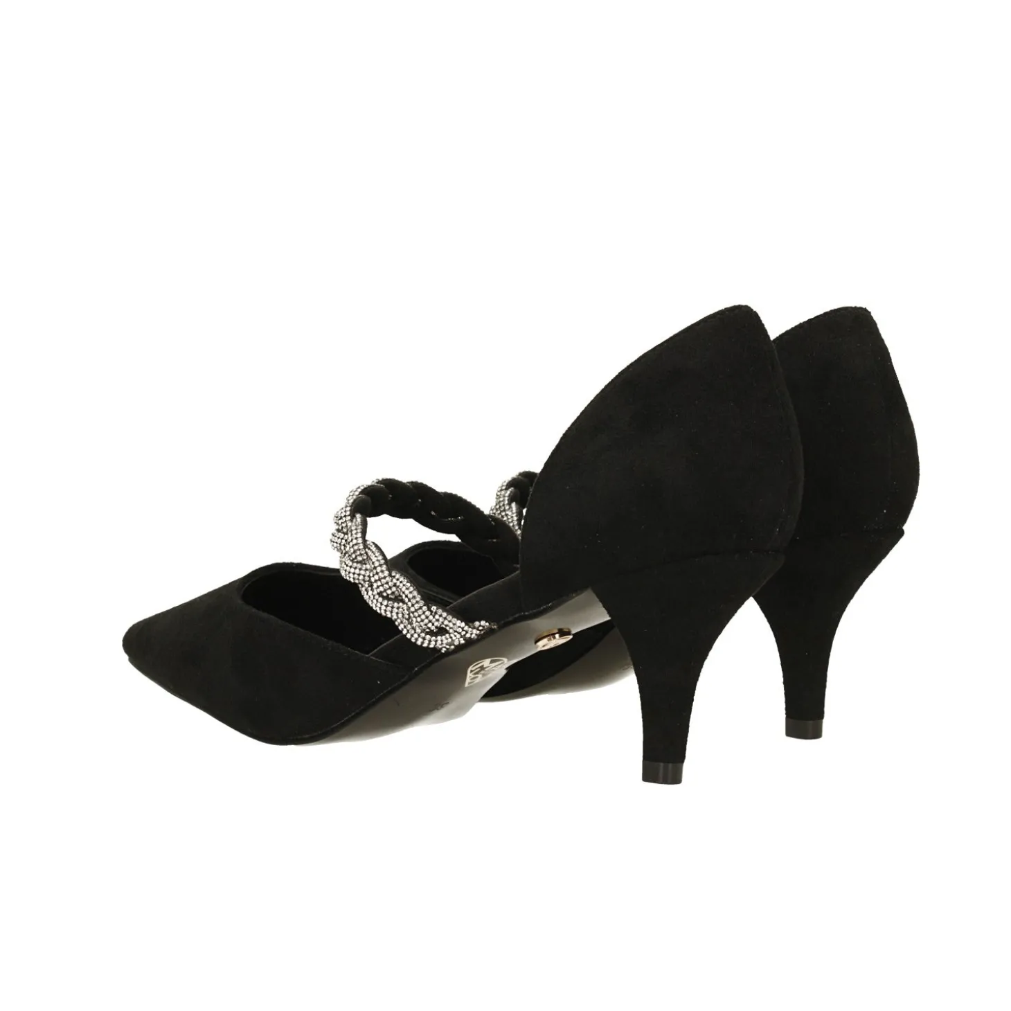 Décolleté scamosciate aperte ai lati con cinturino centrale con strass. Tacco alto 6cm