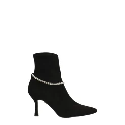 Stivaletti a punta in microfibra con cinturino con pietre. Tacco alto 8cm