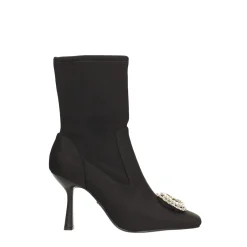 Stivaletti alla caviglia in tessuto con decorazione in pietre luccicanti. Tacco alto 9.5cm